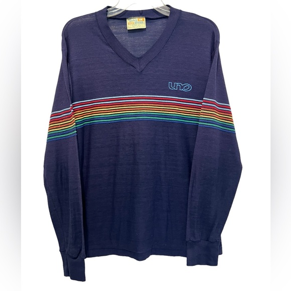 Vintage 70s Velva Sheen Sweater Navy Blue Rainbow UNO Very Lightweight V-Neck L - Picture 1 of 7